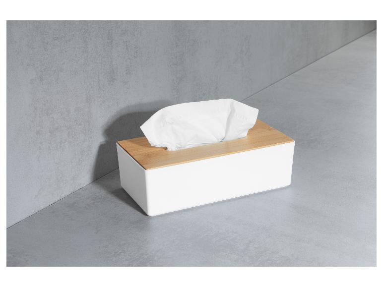 Une boîte à mouchoirs blanche avec un couvercle en bois.