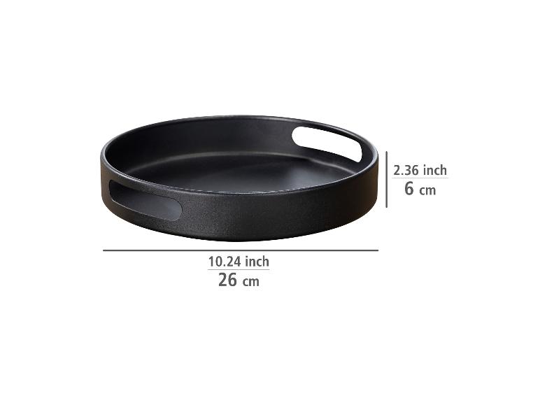 Plateau rond noir avec poignées, diamètre 26 cm, hauteur 6 cm.