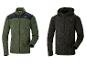 Deux vestes polaires pour hommes : une verte à col et une noire à capuche.