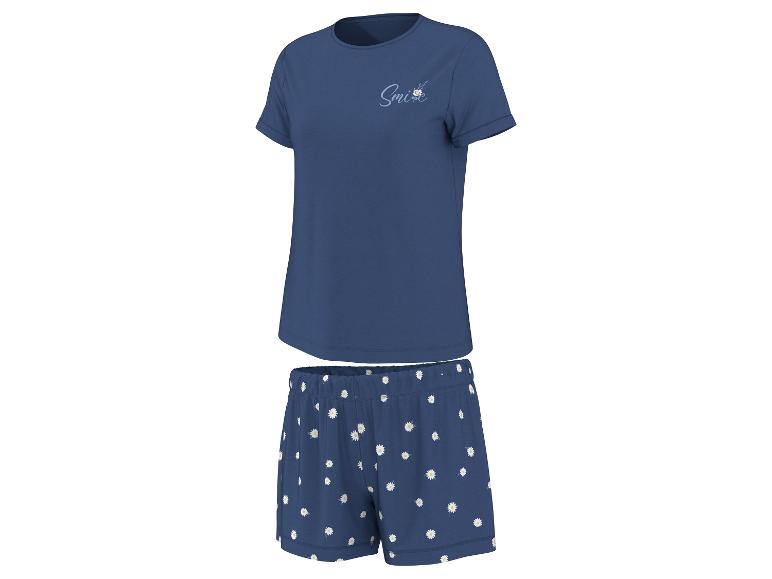 Pyjama femme bleu marine à manches courtes et short à marguerites, avec l'inscription « Smile ».