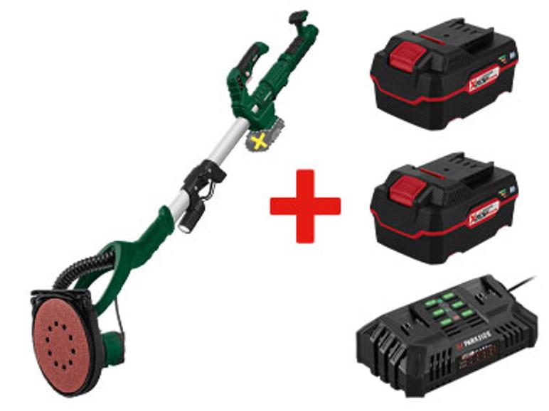 Ponçeuse électrique sans fil Einhell avec deux batteries et chargeur.