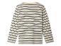 Pull à rayures beige et bleu marine à manches longues.