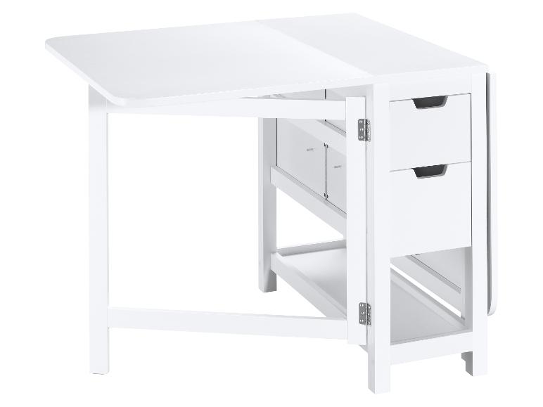 Table pliante blanche avec tiroirs et étagère.