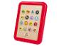 Jouet éducatif en bois : tablette rouge avec boutons illustrés d'animaux et objets.