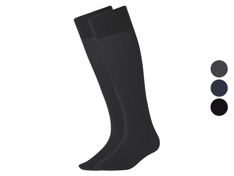 Une paire de chaussettes longues noires avec trois options de couleur affichées.