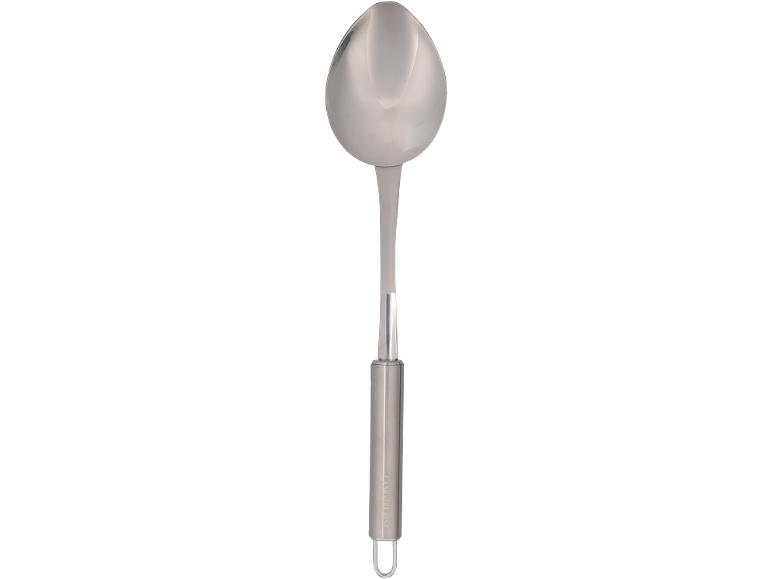 Louche de cuisine en métal avec manche cylindrique et boucle de suspension.