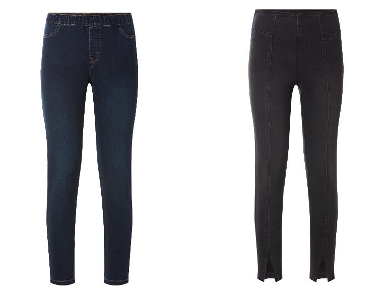 Deux jeans femme, un bleu foncé et un gris foncé.