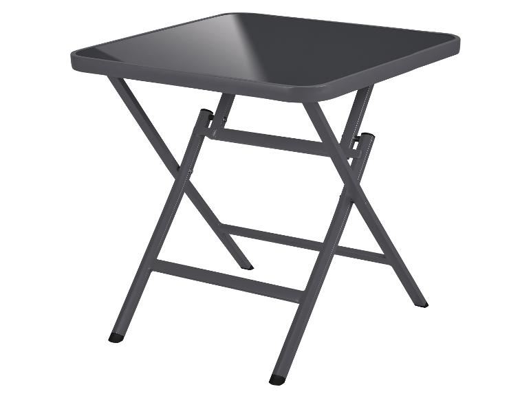 Table pliante carrée grise avec plateau en verre, idéale pour les petits espaces.