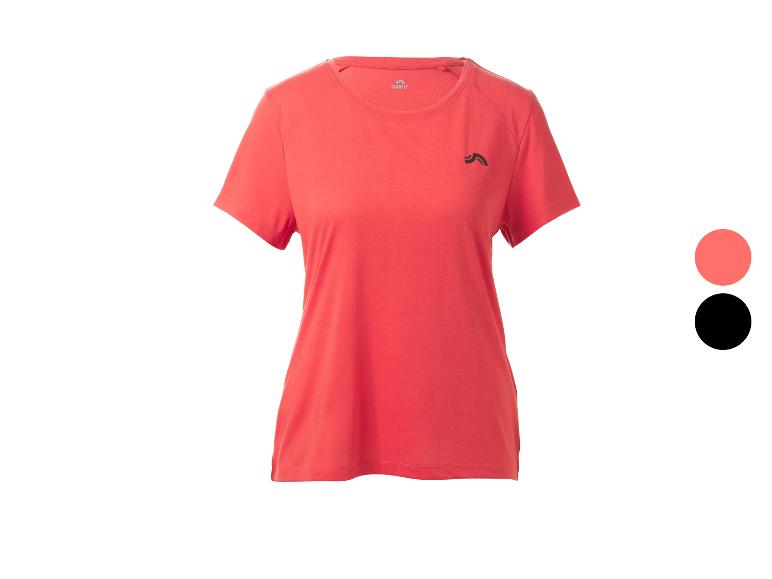 T-shirt de sport corail pour femme avec un petit logo noir sur la poitrine.