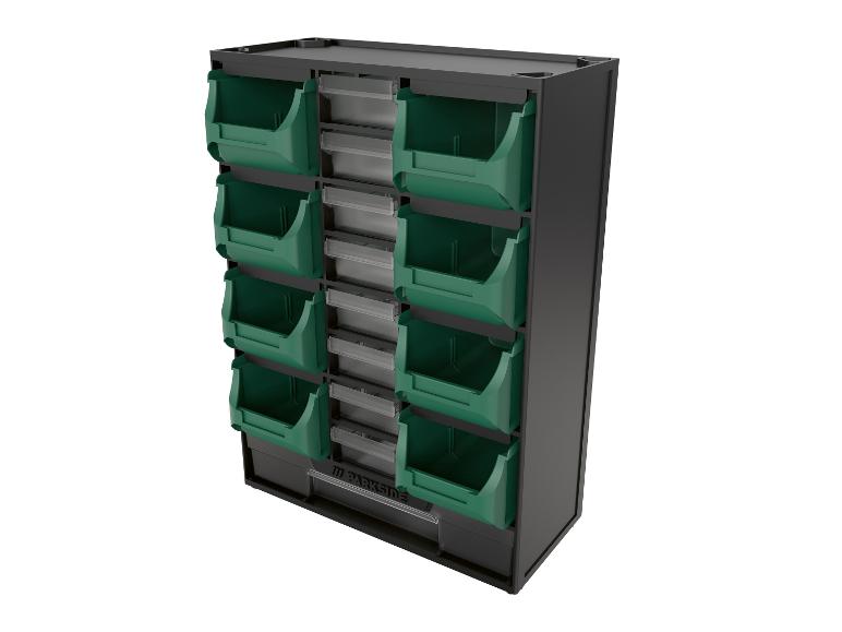 Étagère noire avec 12 bacs verts ouverts et 6 tiroirs transparents