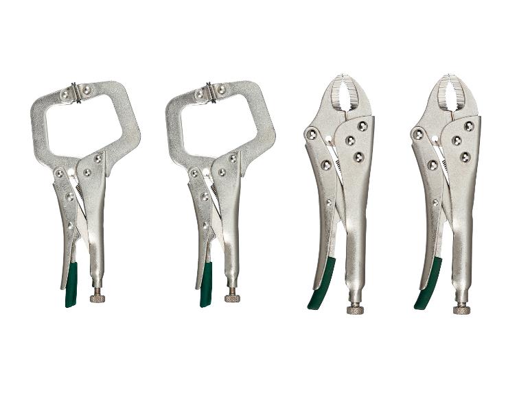 Quatre pinces-étaux, deux de type C et deux à mâchoires courbes, sur fond blanc.