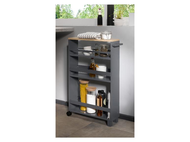 Un chariot de cuisine gris avec un plateau en bois.