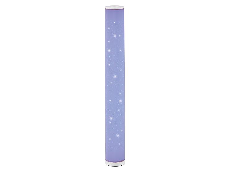 Lampe cylindrique violette avec motif d'étoiles scintillantes.