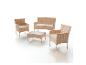 Ensemble de mobilier de jardin en rotin beige avec deux fauteuils, un canapé et une table basse.