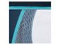 Gros plan d'un tissu bleu foncé avec une bordure turquoise et une poche en filet blanc.