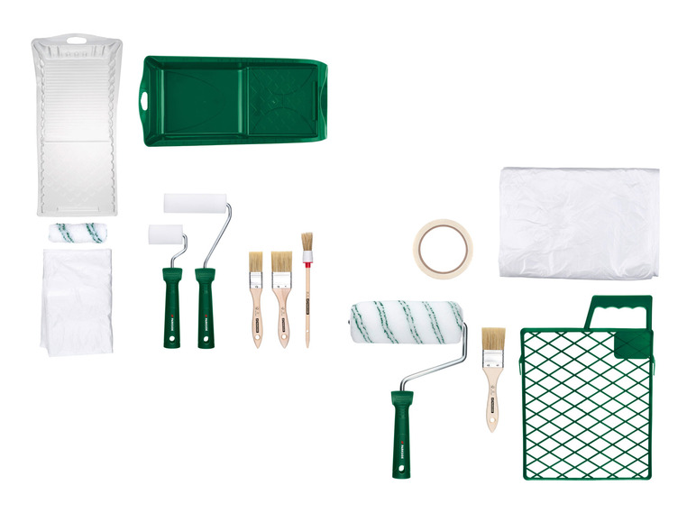 Accessoires de peinture, y compris des rouleaux, des pinceaux et un bac à peinture Parkside.