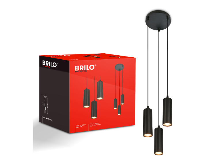 Suspension LED BRILONER avec trois abat-jours cylindriques noirs striés et emballage