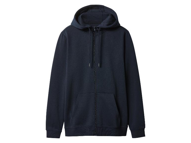 Sweat à capuche zippé bleu marine sur fond blanc.