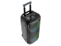 Enceinte portable noire sur roues avec poignée télescopique et lumière colorée.