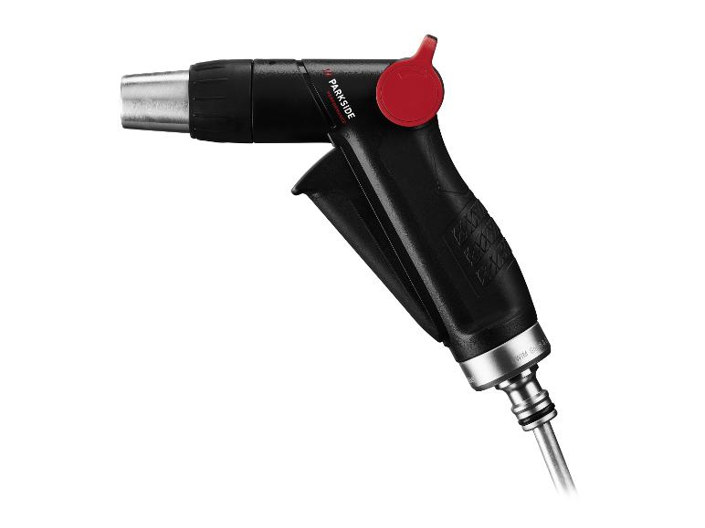 Un pistolet d'arrosage de jardin Parkside noir avec un bouton rouge