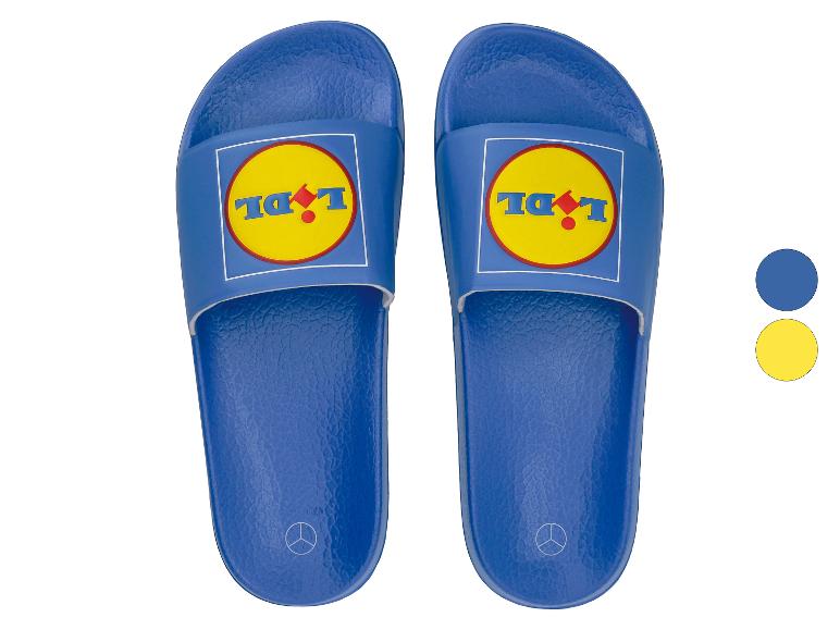 Claques bleues avec un logo jaune et le texte bleu et rouge 'LIDL'.