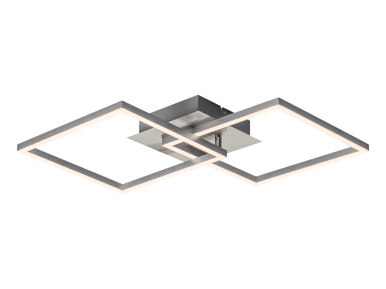 Plafonnier LED moderne avec structure en carrés entrecroisés métalliques.