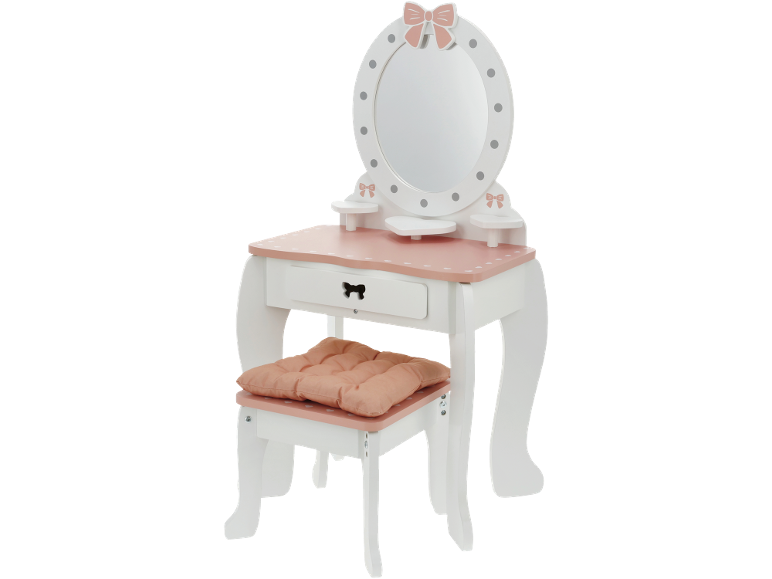 Coiffeuse jouet blanche et rose avec miroir, tiroir et tabouret rembourré.