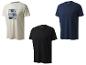 Trois t-shirts Crivit : un beige avec un imprimé, un noir et un bleu marine.