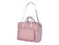 Sac rose à pois avec bandoulière et poignées.