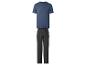 T-shirt bleu à manches courtes et pantalon de survêtement gris foncé pour homme.