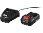 Chargeur de batterie noir avec un cordon attaché et une batterie noire avec indicateur rouge et vert.