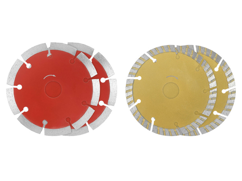 Deux disques diamantés empilés pour couper la pierre, un rouge et un jaune.