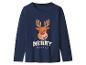 T-shirt bleu foncé à manches longues avec une tête de renne de Noël et le texte « MERRY CHRISTMAS »