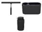 Accessoires de salle de bain noirs : une raclette, un porte-brosses à dents double et un distributeur de savon.