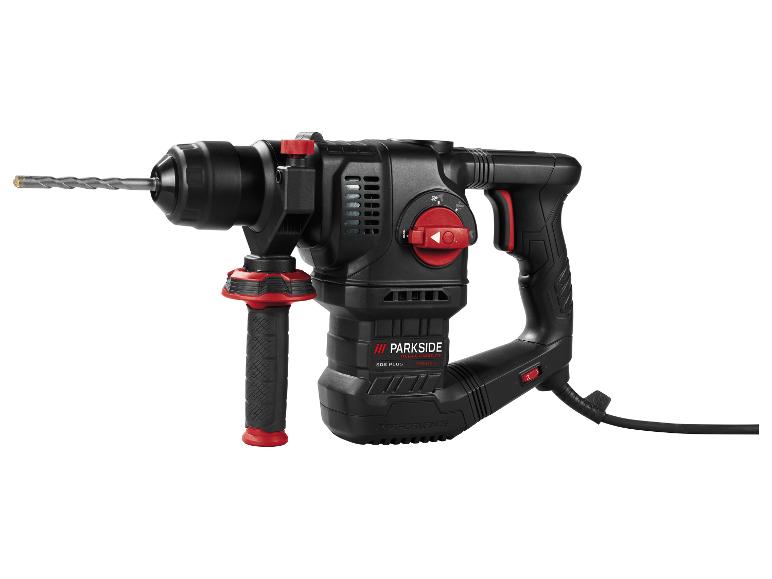 Marteau perforateur noir Parkside Performance SDS Plus avec accents rouges et foret.