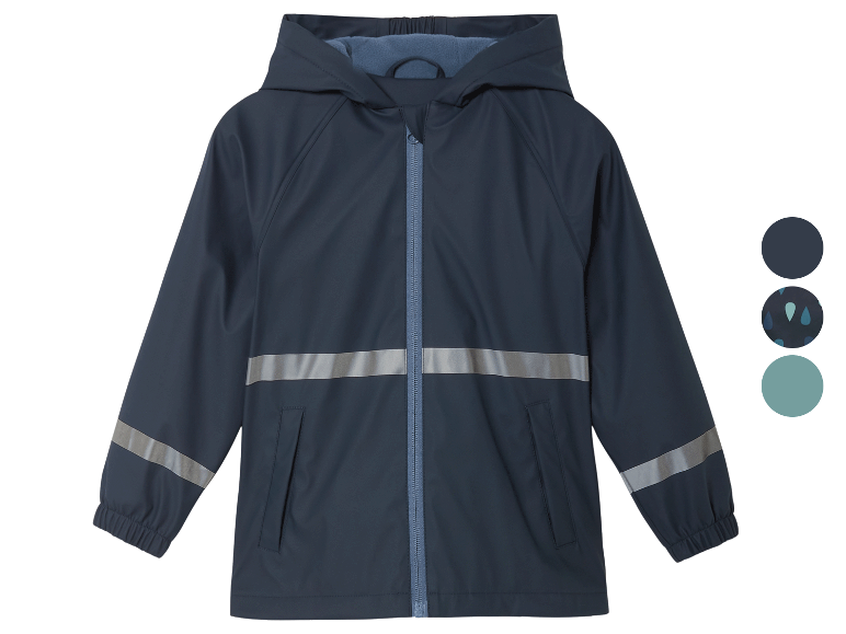 Veste imperméable pour enfant avec capuche et bandes réfléchissantes.