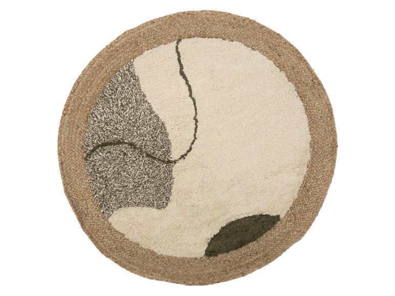 Tapis rond avec bordure en jute et design abstrait en beige et vert.