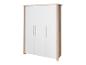 Armoire blanche et couleur bois avec trois portes et poignées argentées.