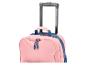 Bagage à main rose avec poignées bleues et poignée télescopique.