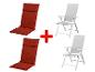 Deux chaises pliantes et deux coussins de chaise rouge.
