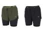 Deux paires de shorts de sport 2-en-1 pour hommes, un vert olive et un noir, avec ceinture élastique.