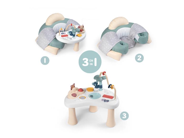 Un siège bébé 3 en 1, une table de jeu et un centre d'activités.
