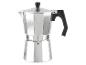 Une cafetière en aluminium avec une poignée noire.