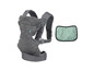 Un porte-bébé gris avec un coussin vert à motif géométrique.