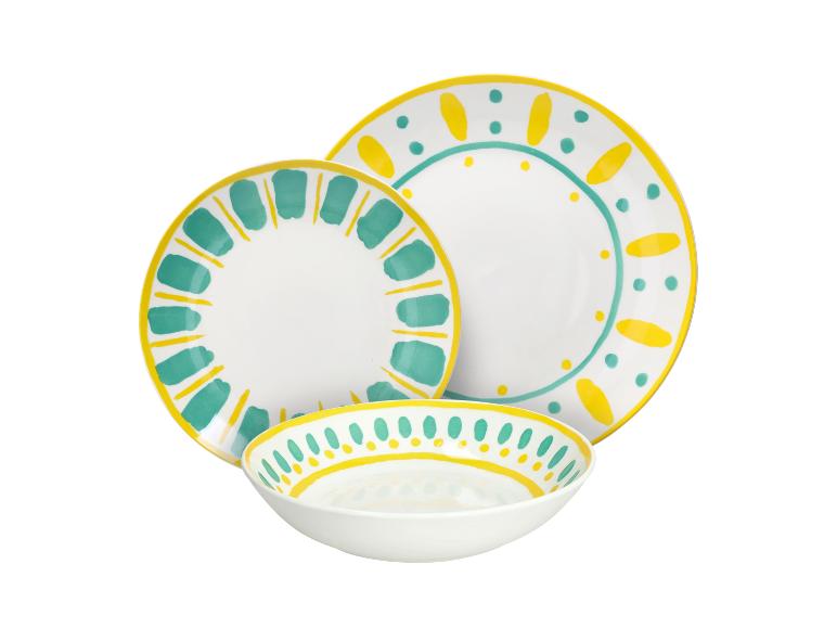 Ensemble d'assiettes et de bols blancs avec motifs jaunes et turquoises