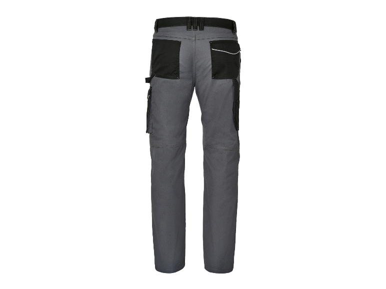 Vue arrière d'un pantalon de travail gris avec des poches noires.