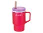 Mug enfant rouge avec anse, couvercle violet et paille beige