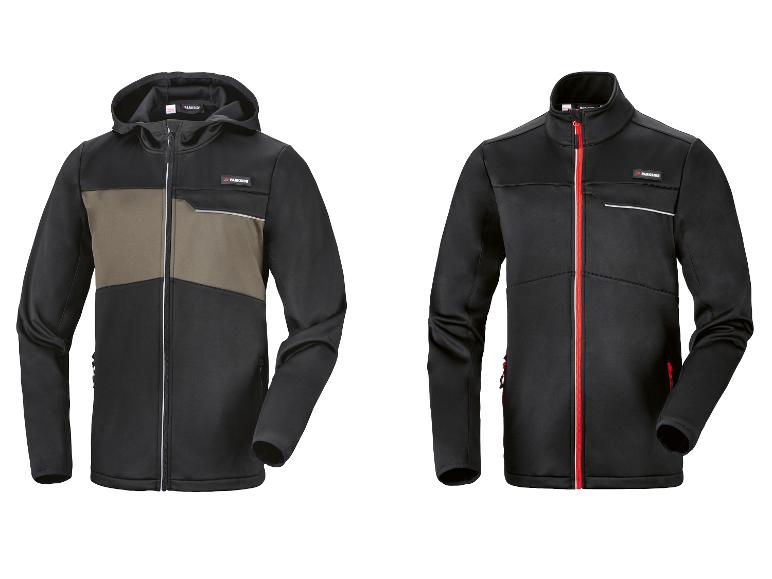 Deux vestes softshell: une avec capuche et empiècement gris, l'autre sans capuche avec zip rouge.