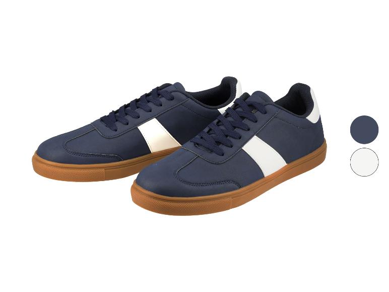 Chaussures de sport pour hommes, bleu marine avec des bandes blanches.