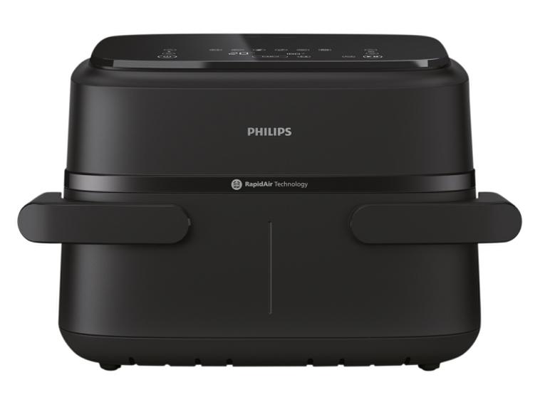 Friteuse à air noire Philips RapidAir Technology sur fond blanc.